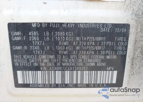 2010 Subaru Outback 2.5I Premium из США, поврежденный, VIN 4S4BRCGCXA1349352